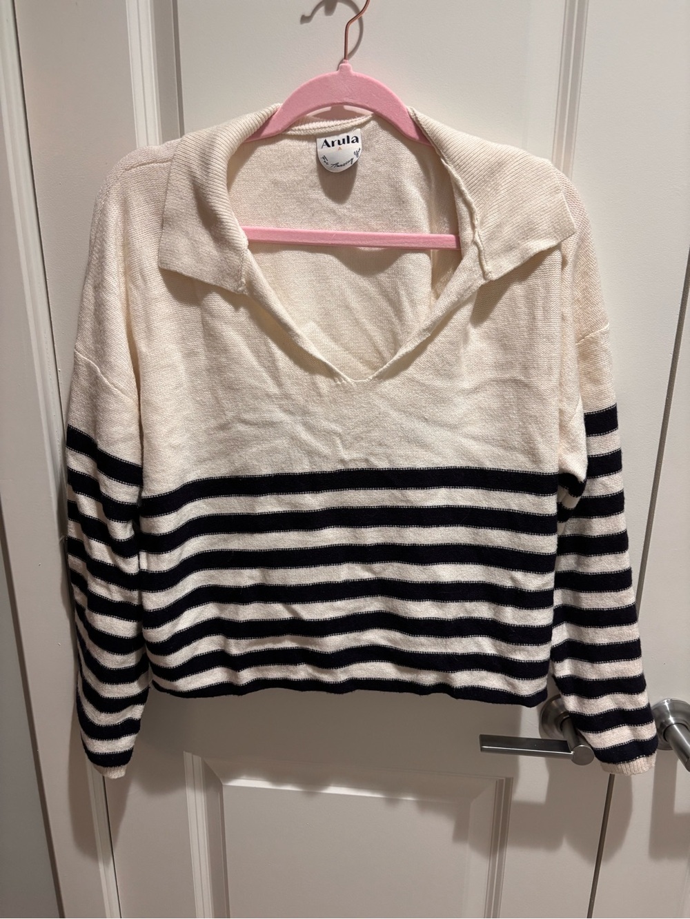 ARULA Cream and Black Striped V-Neck Collared Sweater